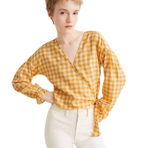 Madewell Long-Sleeve Sash-Tie Wrap Top in Yellow Gingham Check W-499 Sz XS